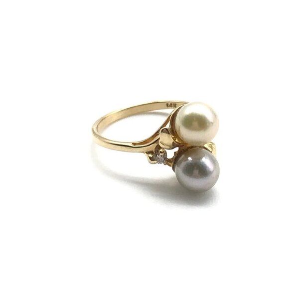14k Solid Yellow Gold Double Pearl Diamond Accent Band Ring Size 6 - Picture 1 of 6